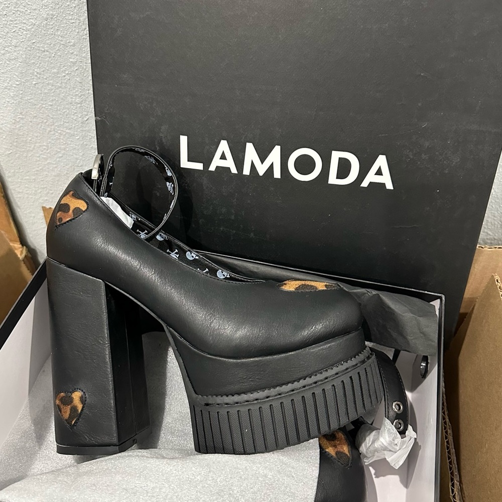 NWT Lamoda Own The Night Platform Mary Janes Leopard Black heels - Picture 4 of 6